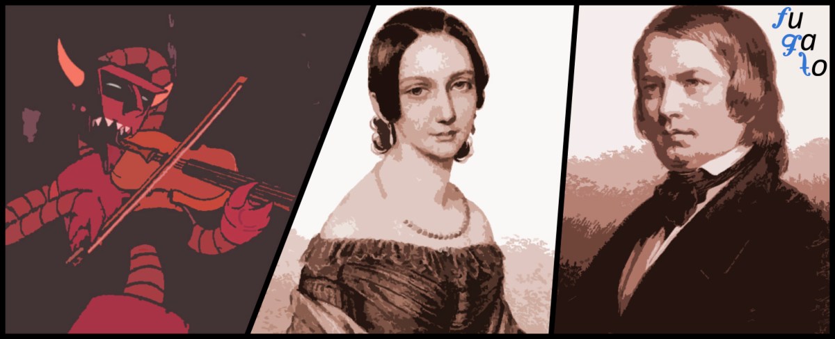 Demonio (robot) con un violín, Clara Wieck y Robert Schumann.