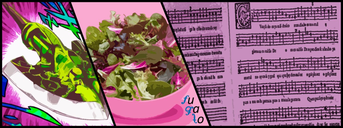 Una flecha (no se conservan retratos de estos compositores), una ensalada y un extracto de "Las ensaladas de Flecha".