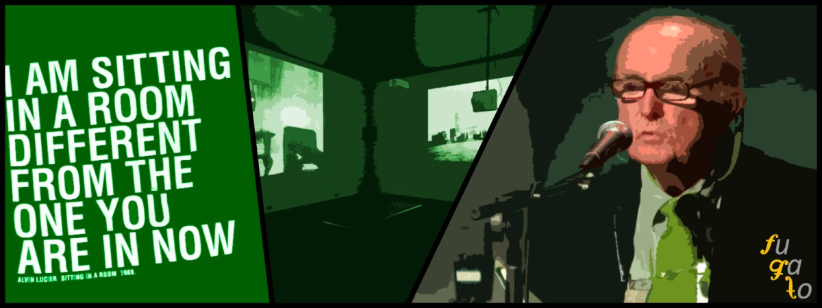 Camiseta con el texto de "I Am Sitting in a room", proyecciones "Polaroid Image Series" y Alvin Lucier.