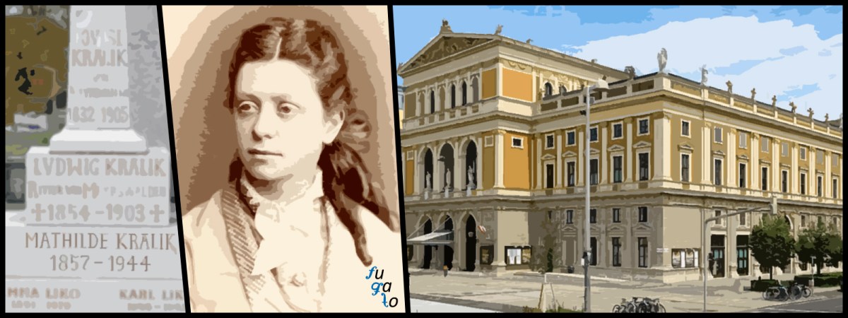 Tumba de Mathilde Kralik, retrato de la compositora (1875) y edificio de la Sociedad de Amigos de la Música de Viena.