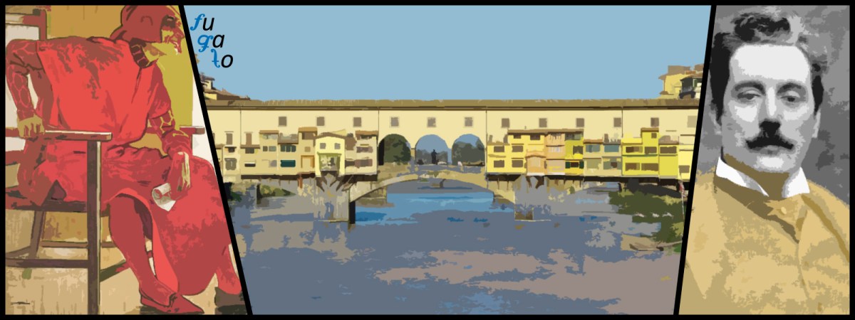 Cubierta original de “Gianni Schicchi”, Ponte Vecchio de Florencia y Giacomo Puccini.