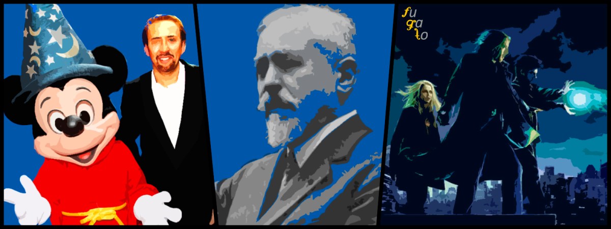 Nicolas Cage junto a Mickey Mouse, Paul Dukas y cartel de “El aprendiz de brujo” (2010).